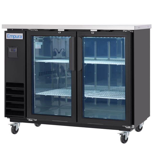 A commercial Empura glass door bar refrigerator featuring two illuminated doors, a black frame, stainless steel top, interior shelving, digital controls on the left, and four caster wheels—perfect as a sleek Back bar cooler for your establishment.