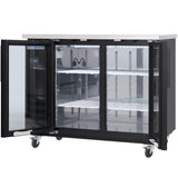This Empura refrigeration unit is a commercial glass door bar refrigerator with two open glass doors, three adjustable wire shelves, four caster wheels, and a control panel above the left door—perfect as a sleek back bar cooler for any venue.
