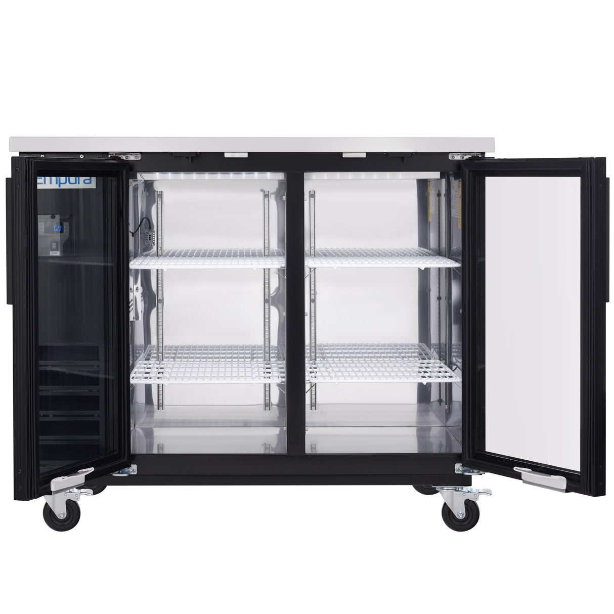 A commercial Empura refrigeration back bar cooler with two glass doors open reveals three wire shelves. The empty unit sits on four caster wheels, features a black frame and flat top, and LED lighting brightly illuminates the interior.