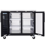 A commercial Empura refrigeration back bar cooler with two glass doors open reveals three wire shelves. The empty unit sits on four caster wheels, features a black frame and flat top, and LED lighting brightly illuminates the interior.