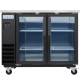 A commercial Empura refrigeration unit with two glass doors, stainless steel top, black frame, interior shelving, and four caster wheels. This glass door bar refrigerator features a left-side vent and digital control panel, and is empty inside.