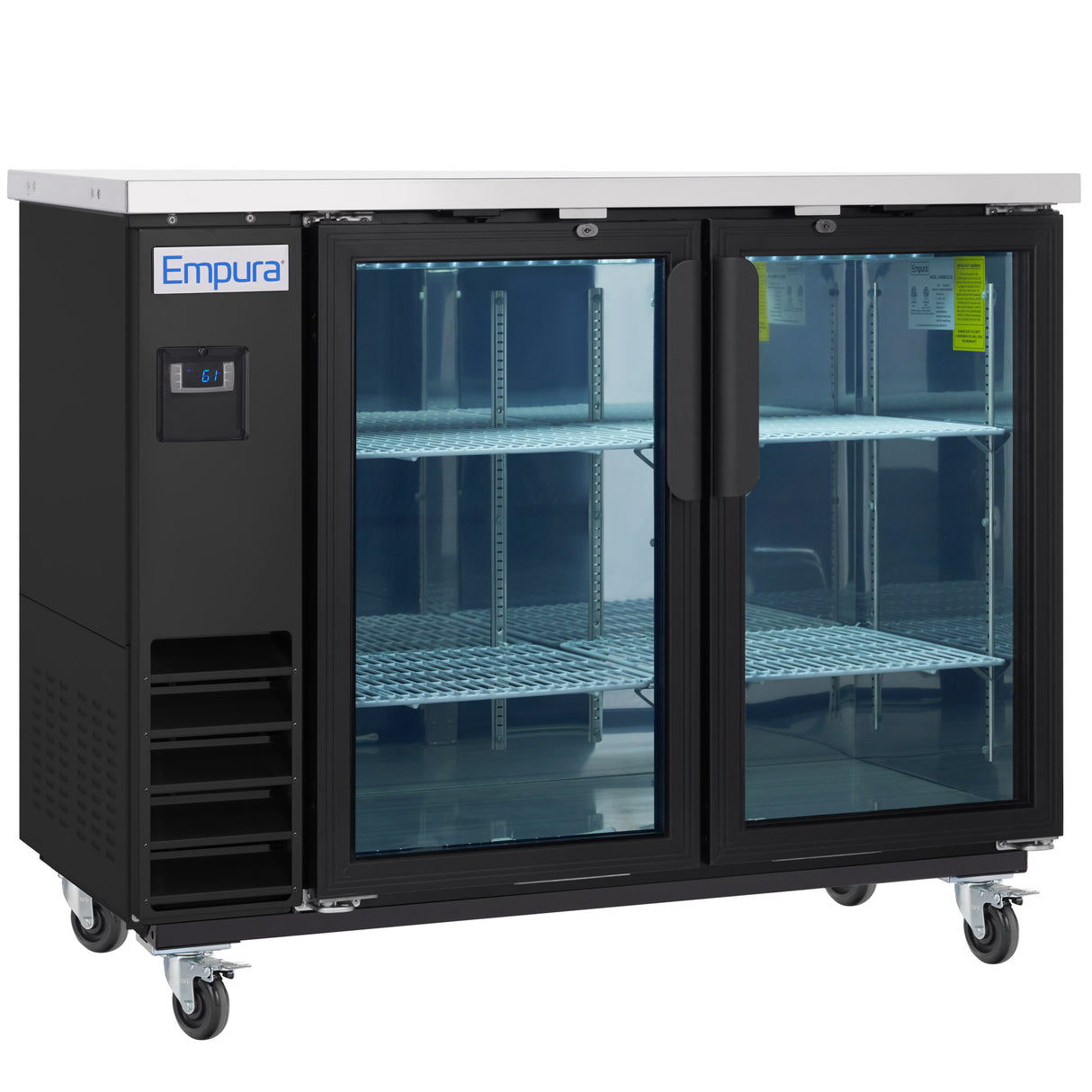 A commercial black Empura refrigeration unit with two glass doors, metal shelves, a digital temperature display on the left, and lockable caster wheels. The interior of this glass door bar refrigerator is empty, well-lit, and features reflective surfaces.