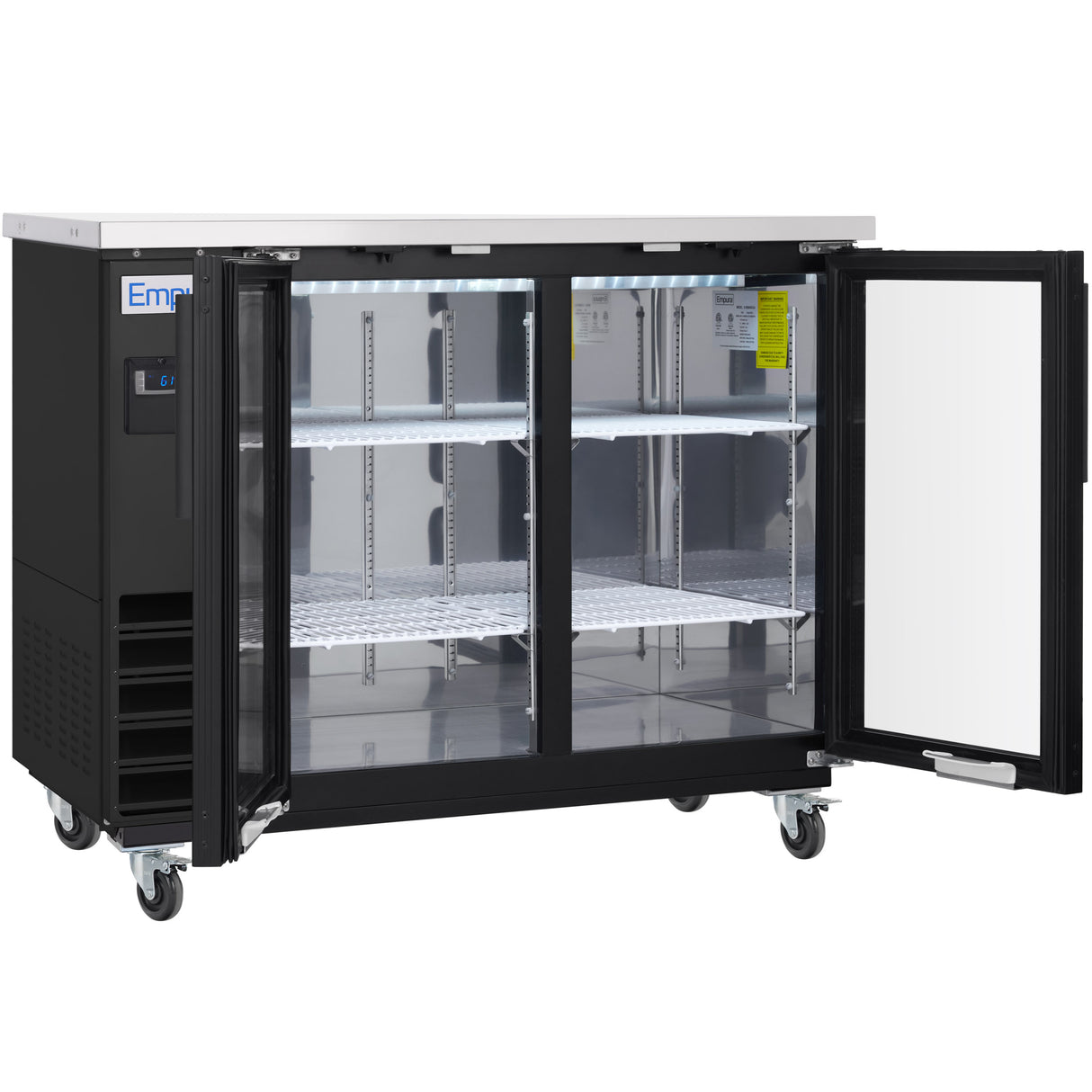 A commercial black Empura refrigeration glass door cooler with two open glass doors, three metal shelves, and a digital display. The fridge is on wheels, brightly lit inside, and features a white top for a sleek look.