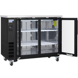 A commercial black Empura refrigeration glass door cooler with two open glass doors, three metal shelves, and a digital display. The fridge is on wheels, brightly lit inside, and features a white top for a sleek look.