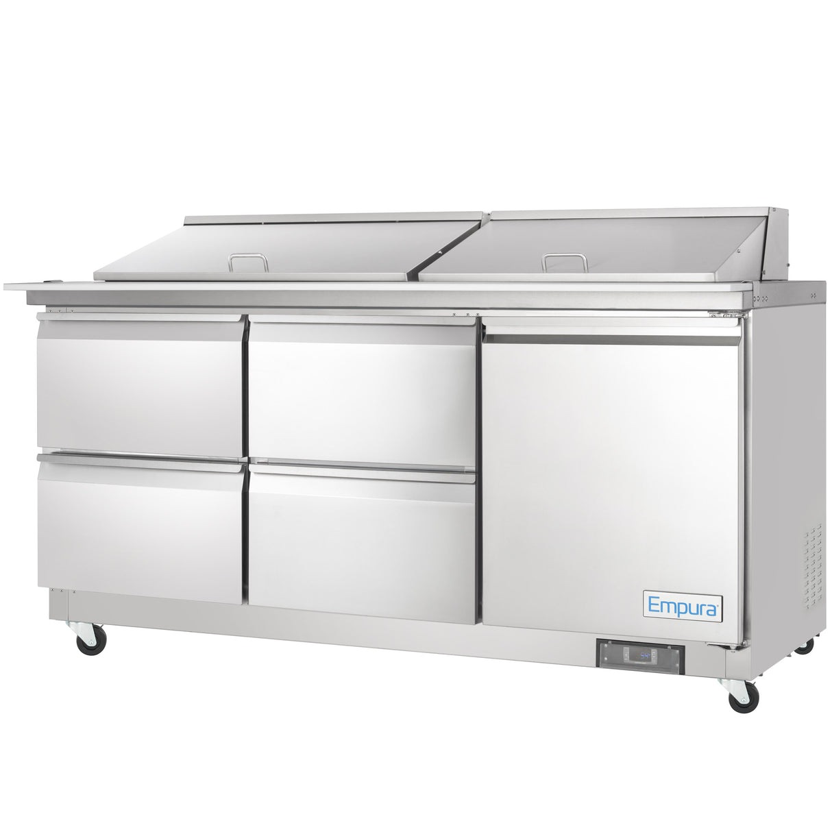 A large Empura refrigeration unit, this mega top prep table features four lower drawers, two upper doors, caster wheels, and a flat prep surface with a raised back. The brand name "Empura" appears on the bottom right corner.
