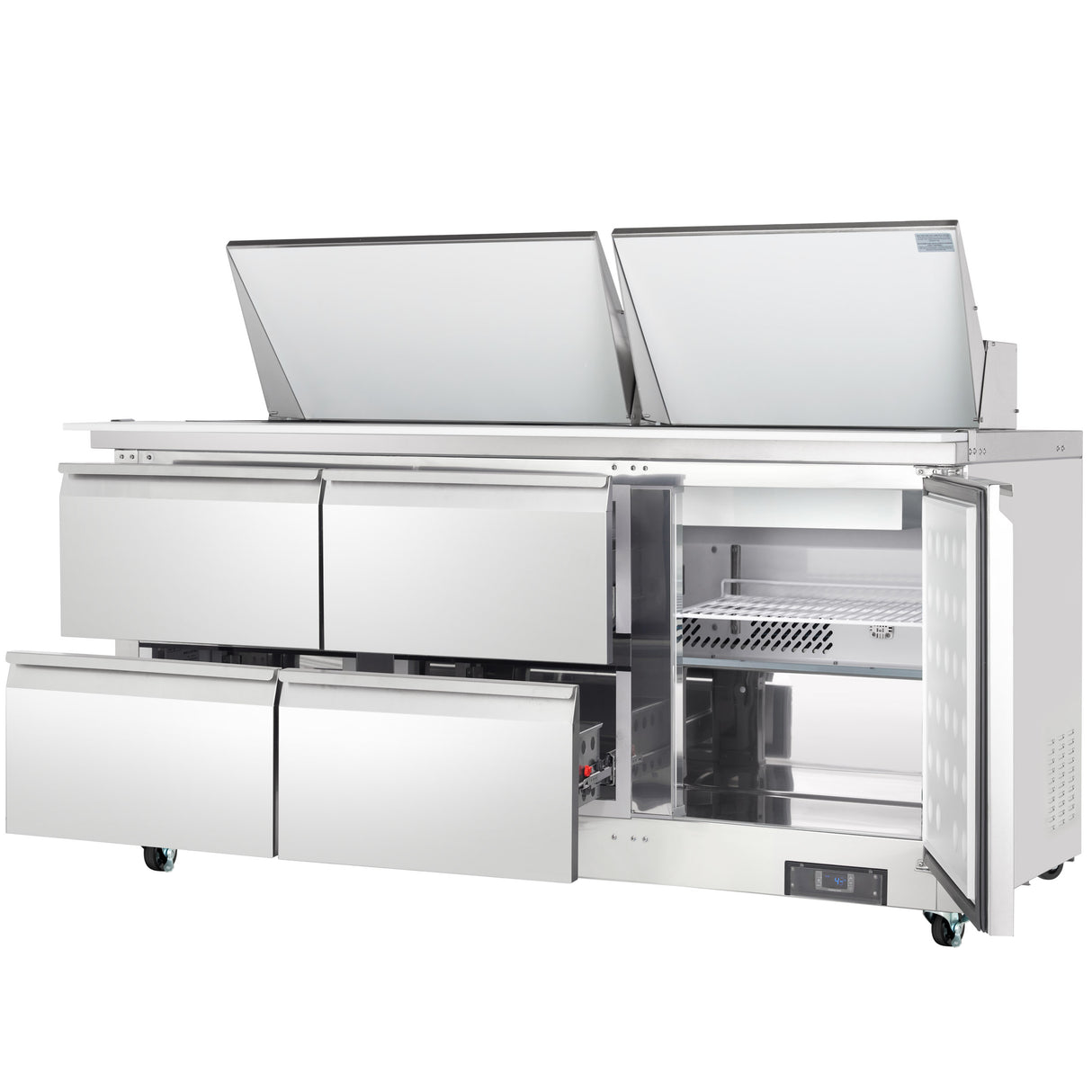 A modern, industrial Empura refrigeration unit featuring four pull-out drawers and two large hinged top lids. This refrigerated sandwich prep table is on wheels, with open doors revealing shelving and a spacious cooling compartment inside.