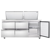 A commercial stainless steel Empura refrigeration unit features six closed drawers, two top lids opening upward, and a right side door revealing interior shelves and cooling unit. This refrigerated sandwich prep table is on wheels for easy kitchen or food service use.