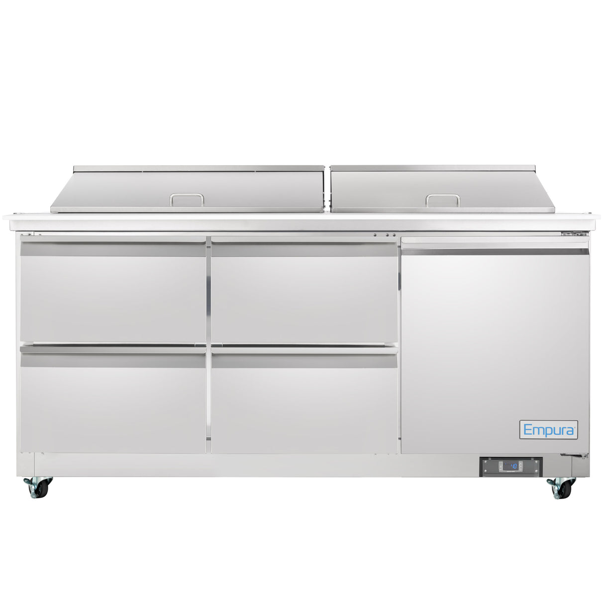 An Empura refrigeration mega top prep table, featuring two top-lifting lids, six horizontal drawers, a single right-side door, and wheels at the base. The "Empura" brand is clearly marked on the lower right corner.