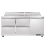 An Empura refrigeration mega top prep table, featuring two top-lifting lids, six horizontal drawers, a single right-side door, and wheels at the base. The "Empura" brand is clearly marked on the lower right corner.