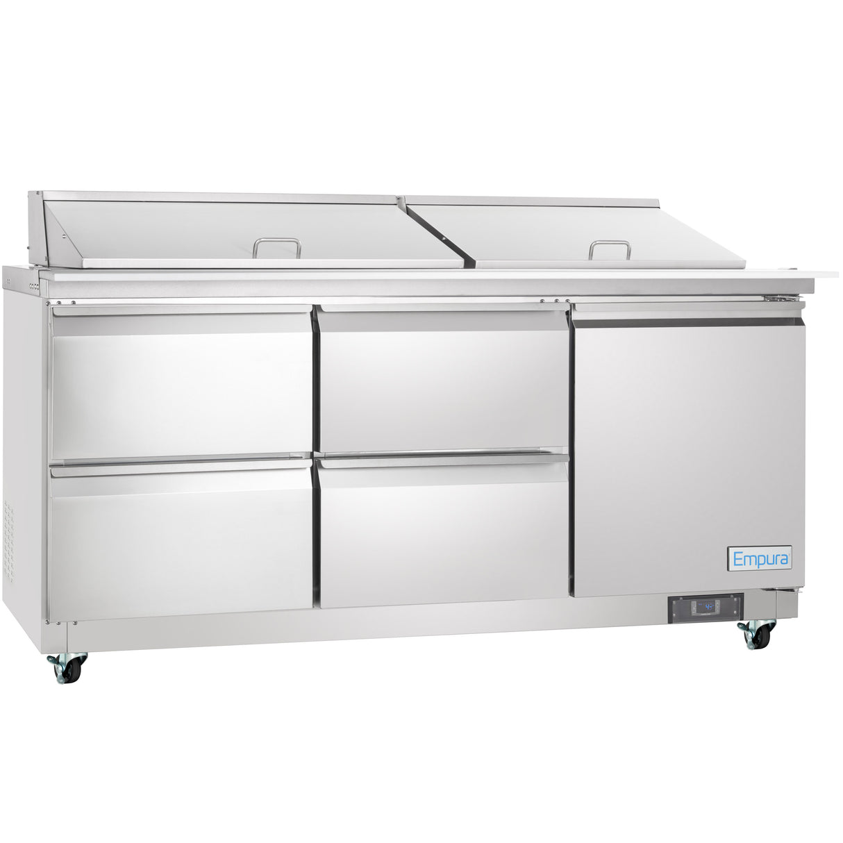 A large stainless steel Empura refrigerated sandwich prep table with six drawers on the left, a single door on the right, two lift-up lids, a white work surface in front, and four caster wheels—perfect for efficient kitchen prep.