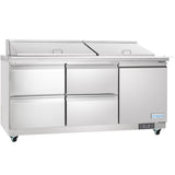 A large stainless steel Empura refrigerated sandwich prep table with six drawers on the left, a single door on the right, two lift-up lids, a white work surface in front, and four caster wheels—perfect for efficient kitchen prep.