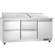 A large stainless steel Empura refrigerated sandwich prep table with six drawers on the left, a single door on the right, two lift-up lids, a white work surface in front, and four caster wheels—perfect for efficient kitchen prep.