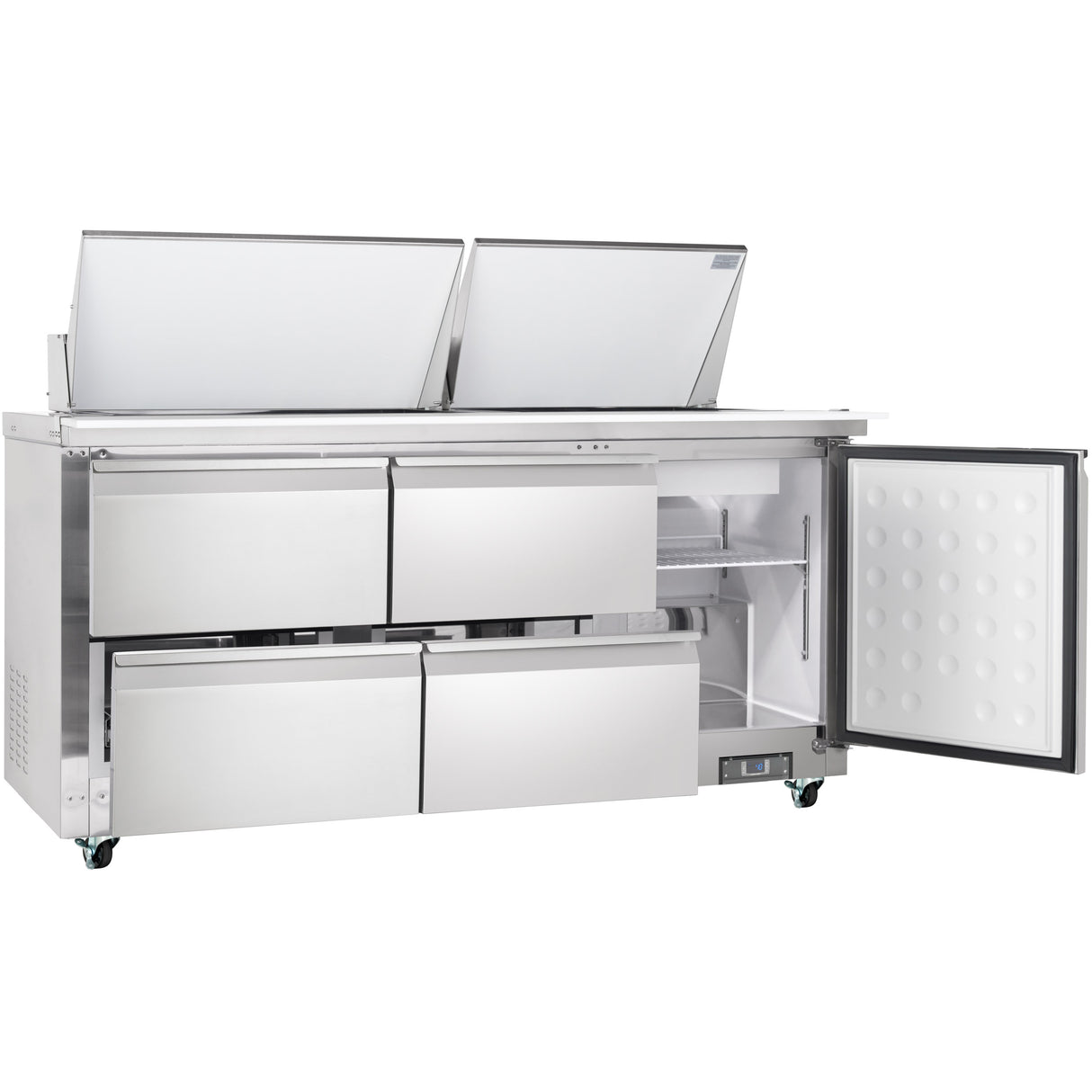 A large stainless steel Empura refrigeration unit doubles as a mega top prep table with four pull-out drawers and one right-side door revealing interior shelves. Two top lid sections are open for storing ingredients, and the fridge is on wheels for mobility.