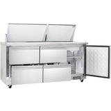 A large stainless steel Empura refrigeration unit doubles as a mega top prep table with four pull-out drawers and one right-side door revealing interior shelves. Two top lid sections are open for storing ingredients, and the fridge is on wheels for mobility.