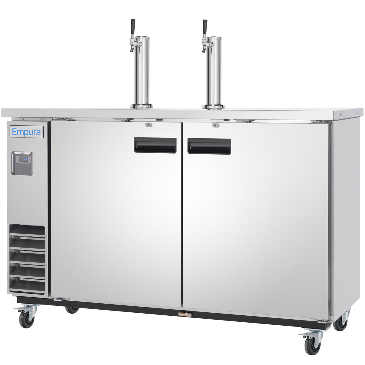 A large Empura Refrigeration Direct Draw Beer Dispenser, featuring two doors, black handles, and dual beer taps on top. This commercial keg cooler has left-side ventilation grilles and four wheels for easy mobility.