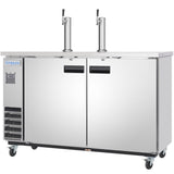 A large Empura Refrigeration Direct Draw Beer Dispenser, featuring two doors, black handles, and dual beer taps on top. This commercial keg cooler has left-side ventilation grilles and four wheels for easy mobility.