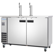 A large Empura Refrigeration Direct Draw Beer Dispenser, featuring two doors, black handles, and dual beer taps on top. This commercial keg cooler has left-side ventilation grilles and four wheels for easy mobility.