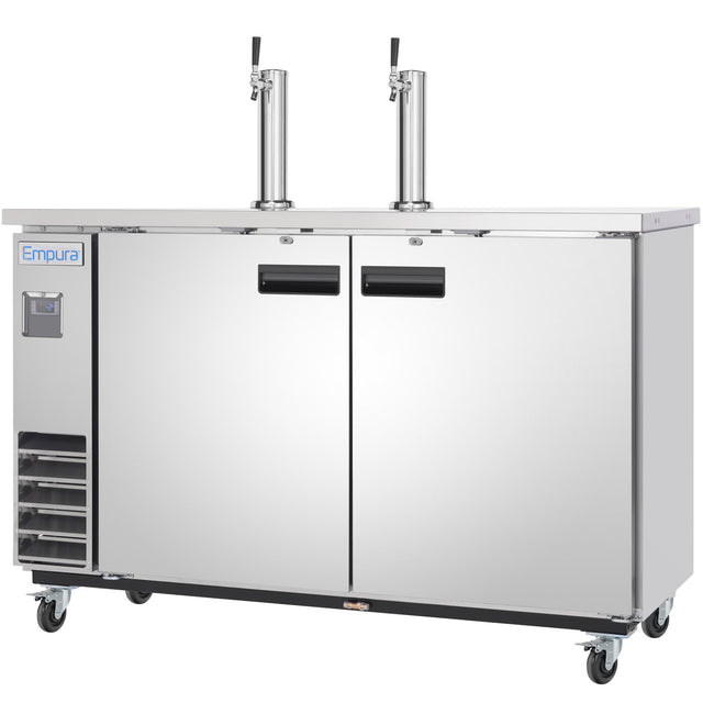 A large Empura Refrigeration Direct Draw Beer Dispenser, featuring two doors, black handles, and dual beer taps on top. This commercial keg cooler has left-side ventilation grilles and four wheels for easy mobility.