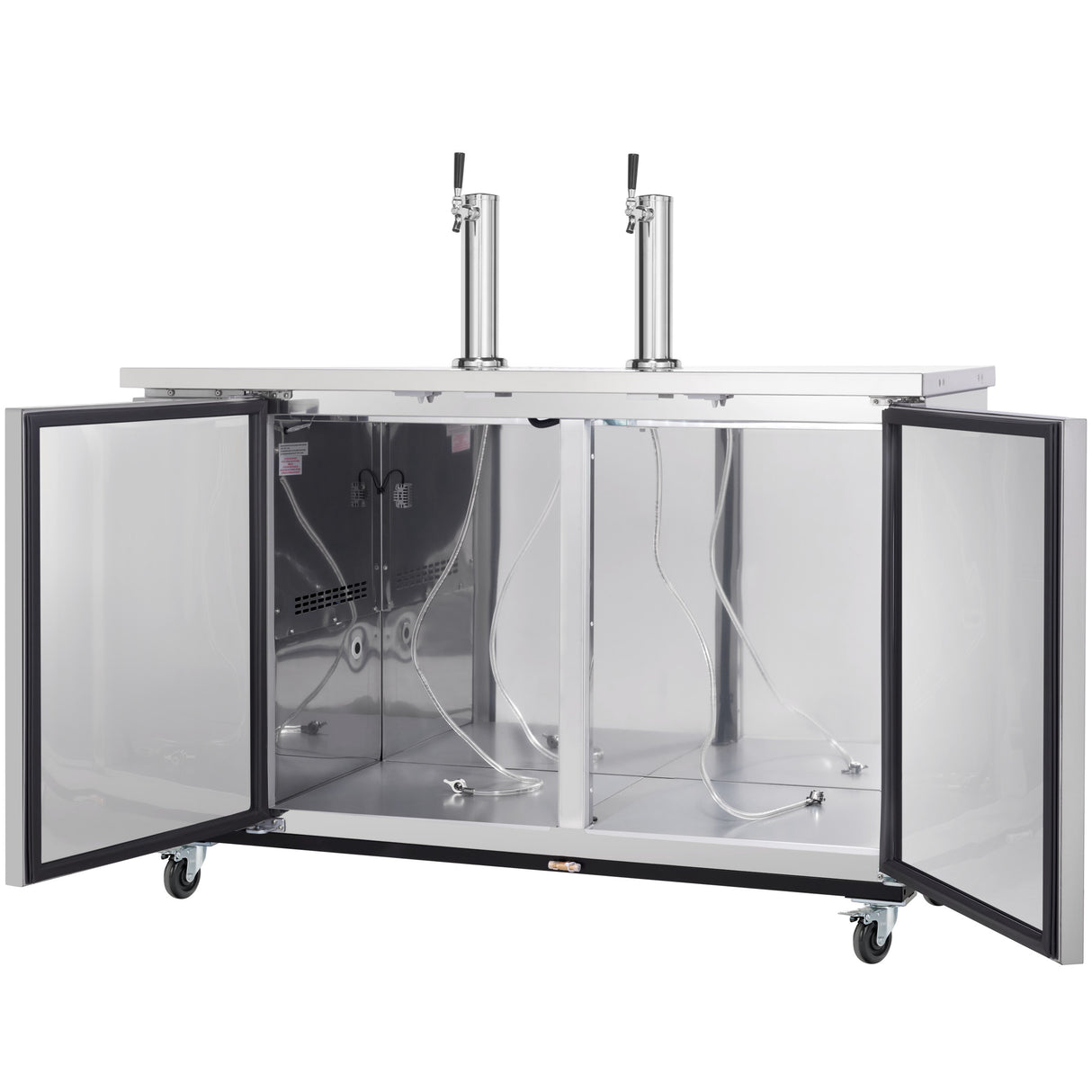 A stainless steel Empura Refrigeration direct draw beer dispenser with both doors open reveals a clean, empty interior. Two tap handles and hoses are visible, and the unit has wheels for mobility—perfect for convenient keg beverage dispensing.