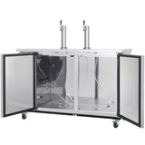 A stainless steel Empura Refrigeration direct draw beer dispenser with both doors open reveals a clean, empty interior. Two tap handles and hoses are visible, and the unit has wheels for mobility—perfect for convenient keg beverage dispensing.