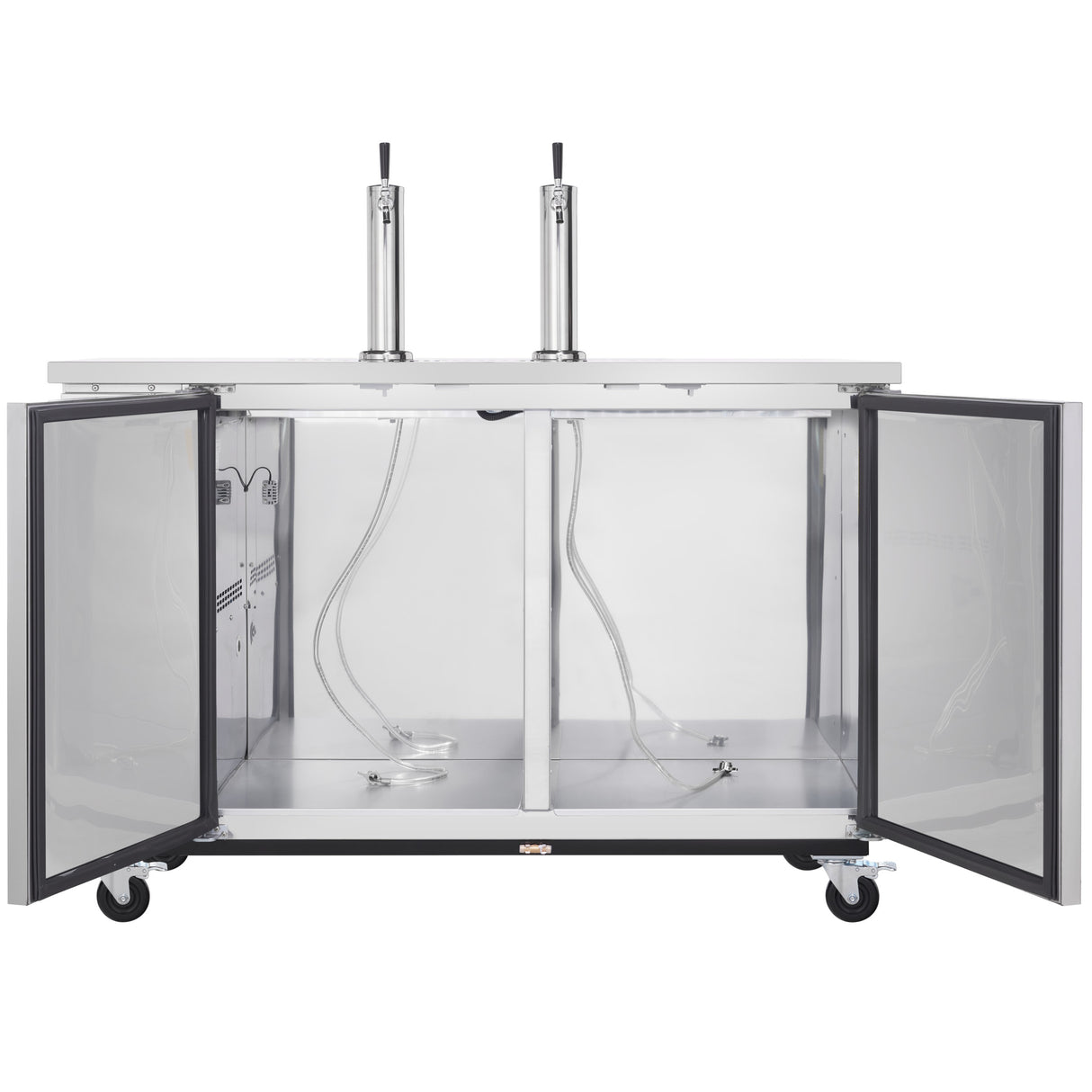 A modern, industrial Direct Draw Beer Dispenser with two taps on top. Open front doors reveal an empty interior with metal tubing and fittings. The unit is on four casters for easy mobility—ideal Empura Refrigeration for any bar or event space.