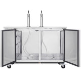 A modern, industrial Direct Draw Beer Dispenser with two taps on top. Open front doors reveal an empty interior with metal tubing and fittings. The unit is on four casters for easy mobility—ideal Empura Refrigeration for any bar or event space.