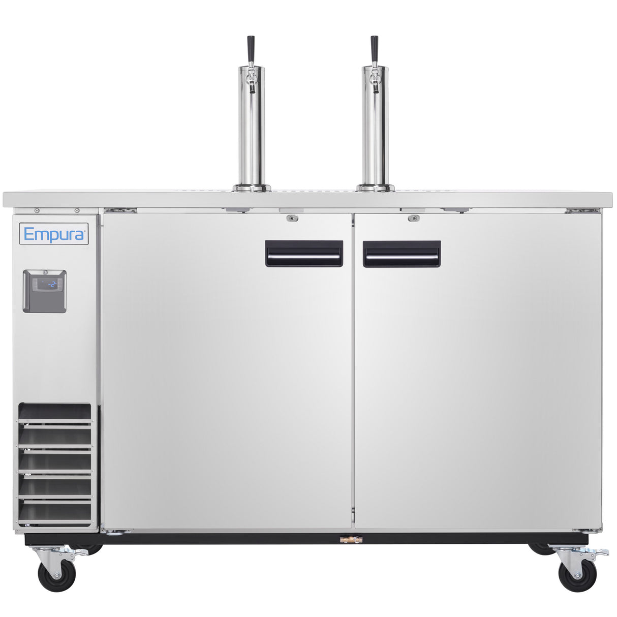 A large Empura Refrigeration commercial kegerator with two doors, dual beer taps, and handles. This direct draw beer dispenser is on wheels for mobility, includes a vent on the left, digital display, and features the Empura logo on the front.