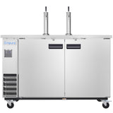 A large Empura Refrigeration commercial kegerator with two doors, dual beer taps, and handles. This direct draw beer dispenser is on wheels for mobility, includes a vent on the left, digital display, and features the Empura logo on the front.