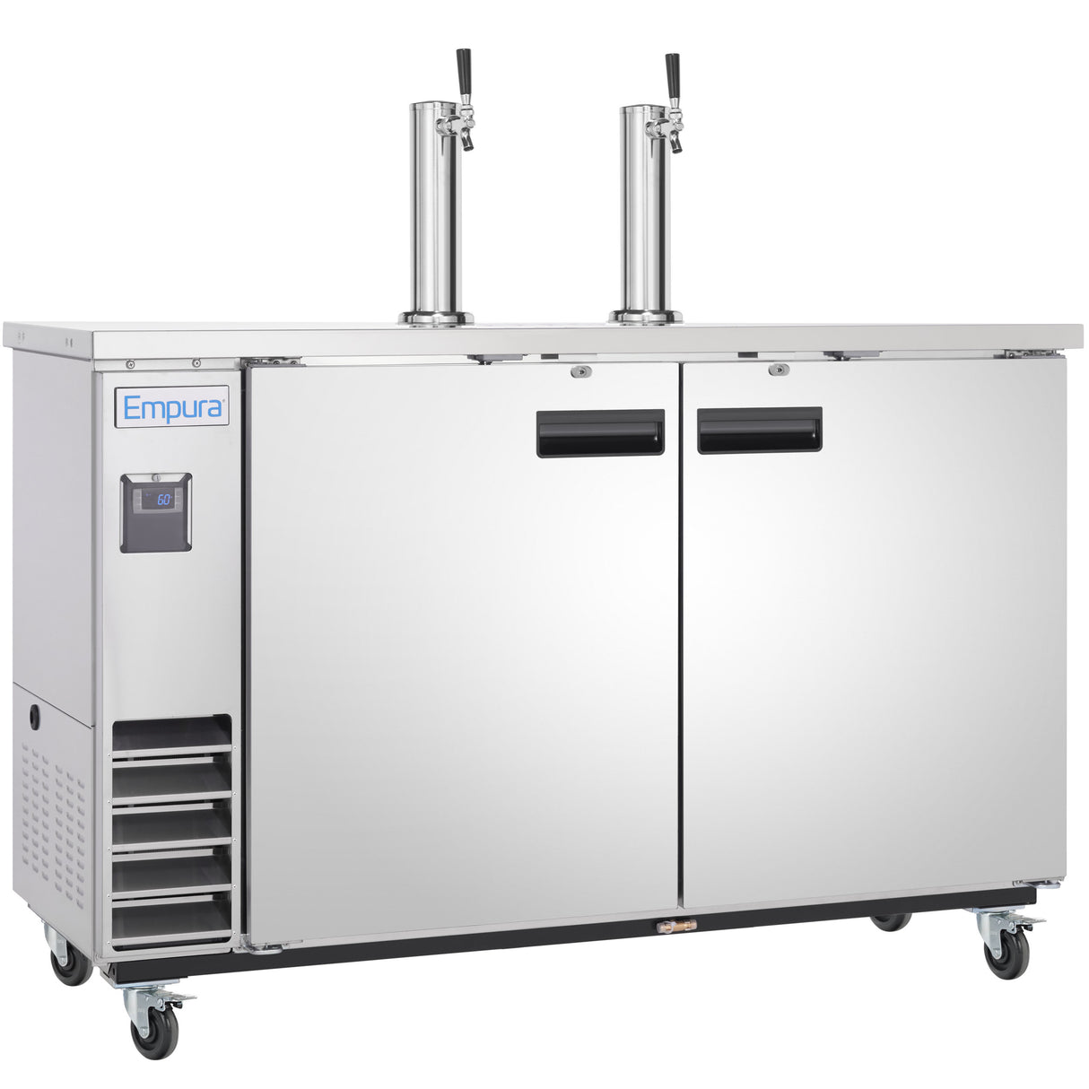 The Empura Refrigeration stainless steel commercial beer kegerator features two doors, dual tap towers, black handles, digital display, ventilation slots, and wheels. This direct draw beer dispenser displays the "Empura" brand on the front left panel.