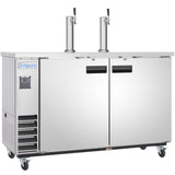 The Empura Refrigeration stainless steel commercial beer kegerator features two doors, dual tap towers, black handles, digital display, ventilation slots, and wheels. This direct draw beer dispenser displays the "Empura" brand on the front left panel.