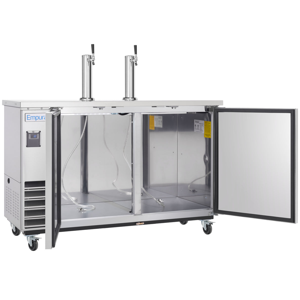 A commercial stainless steel Direct Draw Beer Dispenser with two beer taps on top, open front doors revealing an empty interior with metal tubing and shelves, four caster wheels, and a digital control panel on the left front side.
