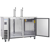 A commercial stainless steel Direct Draw Beer Dispenser with two beer taps on top, open front doors revealing an empty interior with metal tubing and shelves, four caster wheels, and a digital control panel on the left front side.
