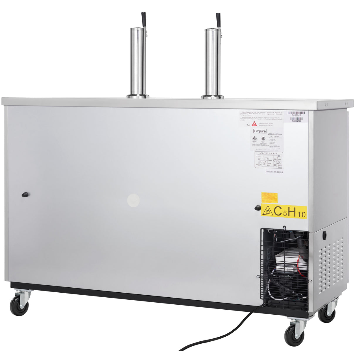 A large Empura Refrigeration Direct Draw Beer Dispenser with two tap handles on top, mounted on four wheels. A warning label and exposed cooling components are visible on the lower right, along with wiring and a vent on the right side.