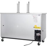 A large Empura Refrigeration Direct Draw Beer Dispenser with two tap handles on top, mounted on four wheels. A warning label and exposed cooling components are visible on the lower right, along with wiring and a vent on the right side.