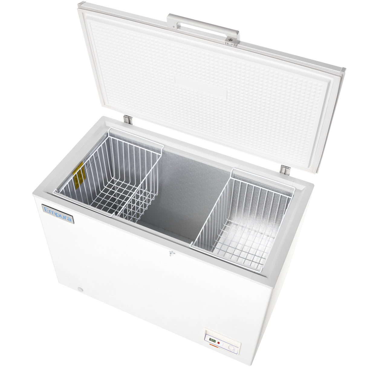 A white commercial kitchen freezer with the lid open reveals a spacious interior and two removable wire baskets. The inside, lined with gray insulation, features a control panel with indicator lights and a small lock on the solid lid freezer.