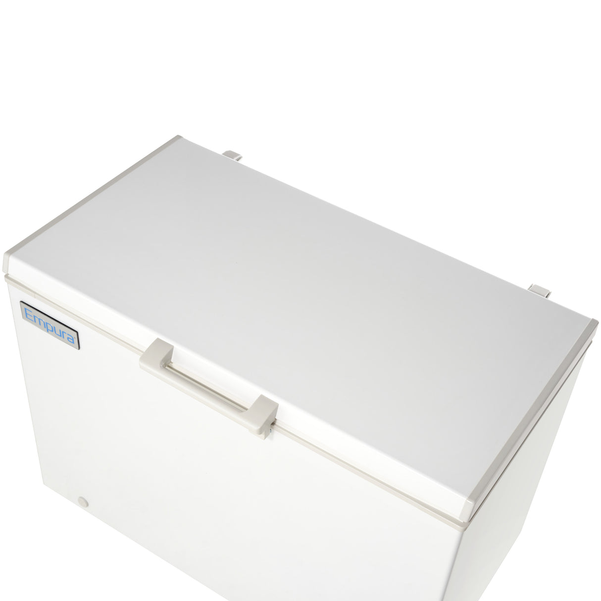 A white rectangular commercial kitchen freezer with a flat solid lid, beige handle, and a blue “Empura” logo on the front left corner. The photo is taken from a high angle on a white background.