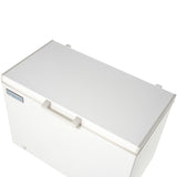 A white rectangular commercial kitchen freezer with a flat solid lid, beige handle, and a blue “Empura” logo on the front left corner. The photo is taken from a high angle on a white background.