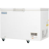 A white Empura solid lid chest freezer on four caster wheels, featuring a handle on the top lid, small control panel with vents and digital display at the lower right, and a blue Empura logo on the upper left front. The background is plain white.