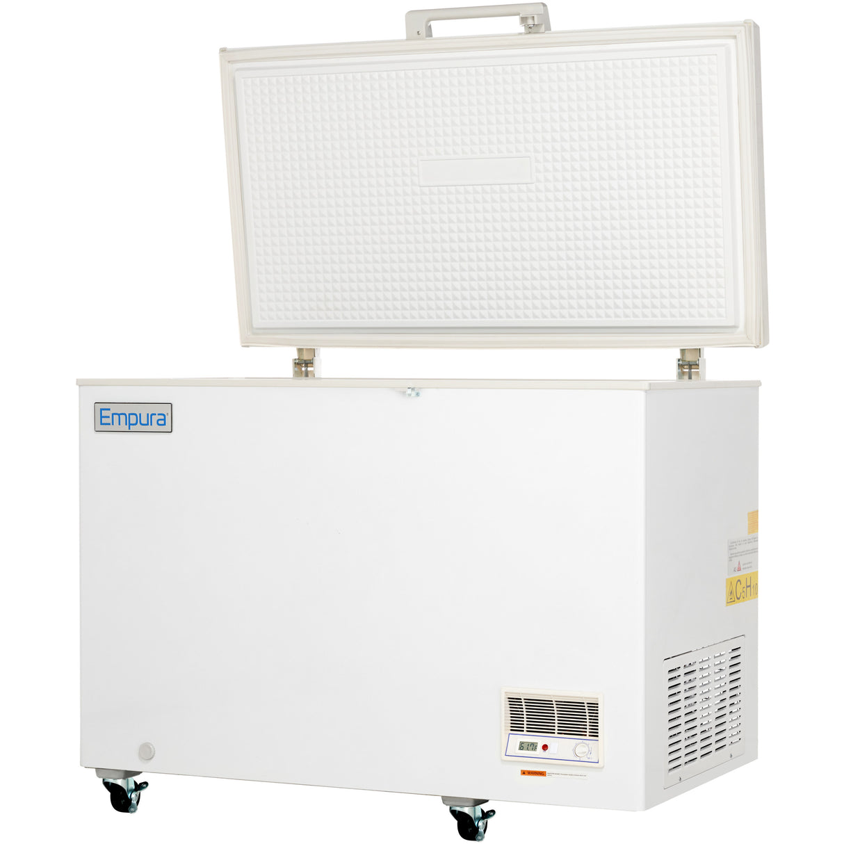 A large white solid lid chest freezer with an open lid reveals its empty textured interior. Perfect as a commercial kitchen freezer, it sits on four caster wheels and features a control panel and vent near the bottom right. Empura is labeled on the front left side.