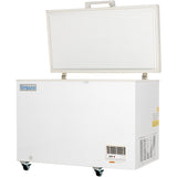 A large white solid lid chest freezer with an open lid reveals its empty textured interior. Perfect as a commercial kitchen freezer, it sits on four caster wheels and features a control panel and vent near the bottom right. Empura is labeled on the front left side.