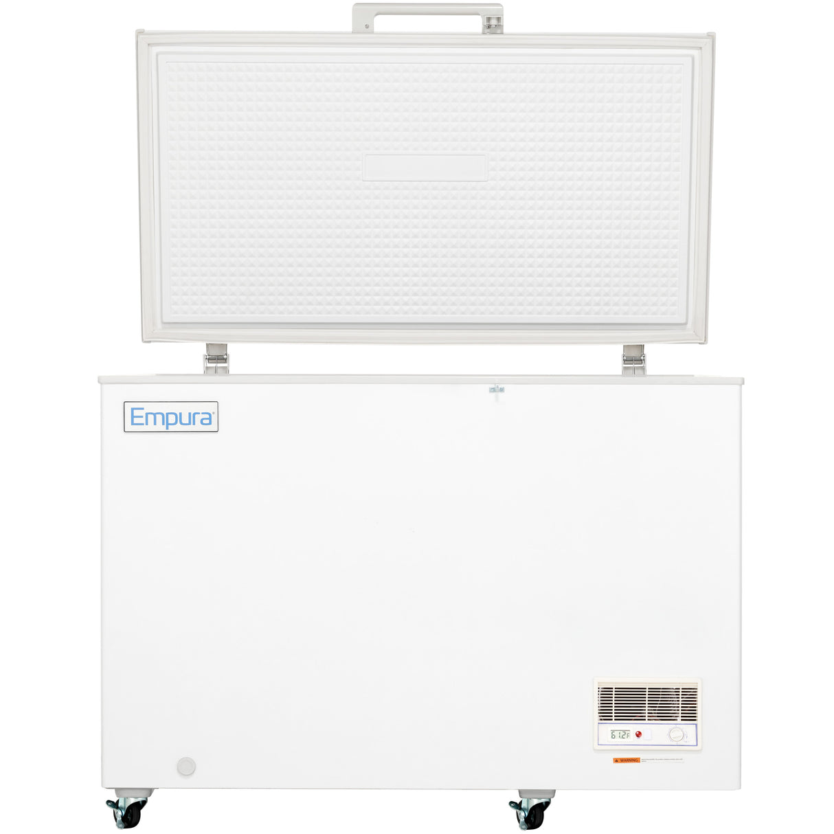 A large white Empura chest freezer with its solid lid open, revealing the textured inner surface. This commercial kitchen freezer sits on four wheels and features a control panel and ventilation grate in the lower right corner. Background is plain white.