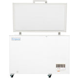 A large white Empura chest freezer with its solid lid open, revealing the textured inner surface. This commercial kitchen freezer sits on four wheels and features a control panel and ventilation grate in the lower right corner. Background is plain white.