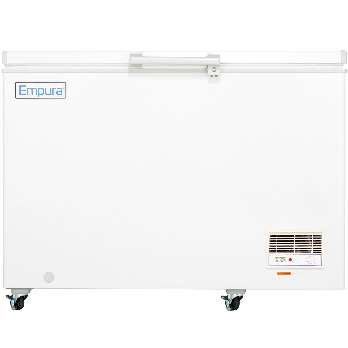 A large white commercial kitchen freezer with a top-hinged solid lid, caster wheels for mobility, the Empura logo on the upper left, and a vented control panel on the lower right. The chest freezer has a clean, minimalistic surface.