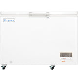 A large white commercial kitchen freezer with a top-hinged solid lid, caster wheels for mobility, the Empura logo on the upper left, and a vented control panel on the lower right. The chest freezer has a clean, minimalistic surface.