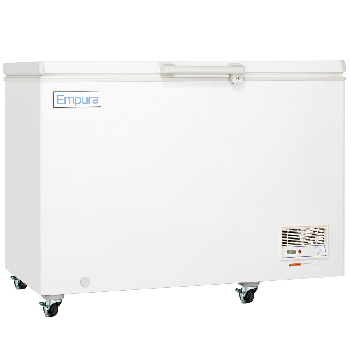 A large, white solid lid freezer with the Empura logo on the front, set on four caster wheels. The chest freezer features a rectangular lid with a handle and a vent with control panel at the bottom right corner.