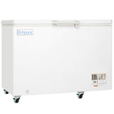 A large, white solid lid freezer with the Empura logo on the front, set on four caster wheels. The chest freezer features a rectangular lid with a handle and a vent with control panel at the bottom right corner.