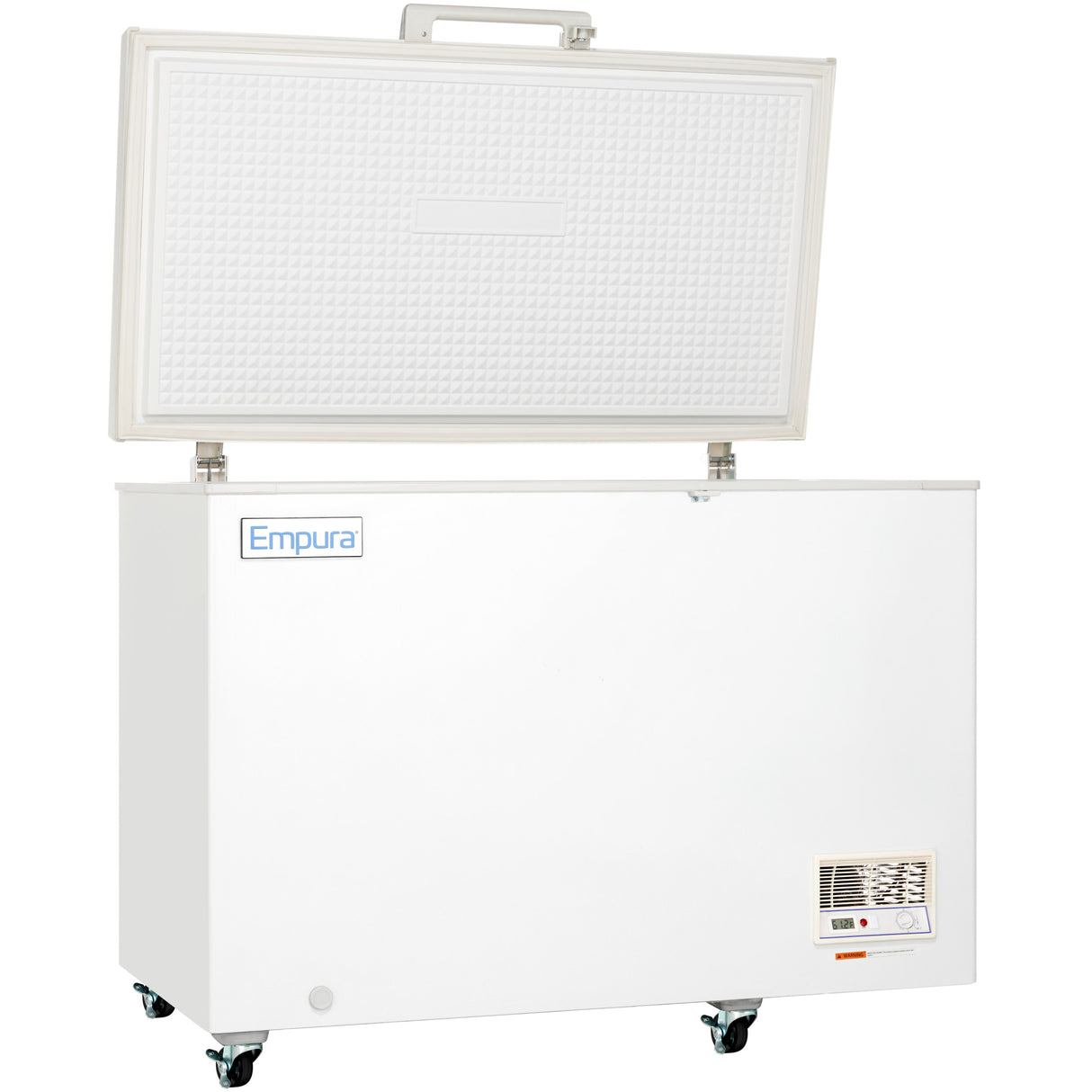 A large white Empura chest freezer with an open solid lid, textured interior, and four caster wheels. Ideal as a commercial kitchen freezer, it features a small ventilation panel and control display on the lower right front corner. Plain white background.
