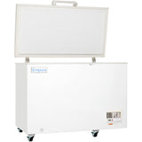 A large white Empura chest freezer with an open solid lid, textured interior, and four caster wheels. Ideal as a commercial kitchen freezer, it features a small ventilation panel and control display on the lower right front corner. Plain white background.