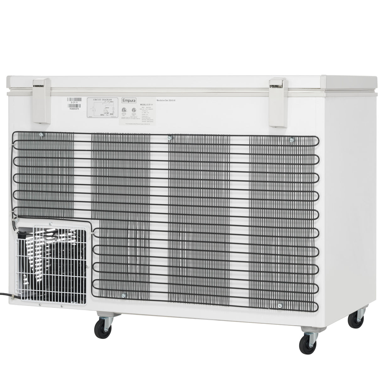 A white commercial kitchen freezer on wheels is shown from the back, featuring black metal cooling coils, a vented area with a fan, control panel, and product labels. This chest freezer has a solid lid with two latching handles on top.
