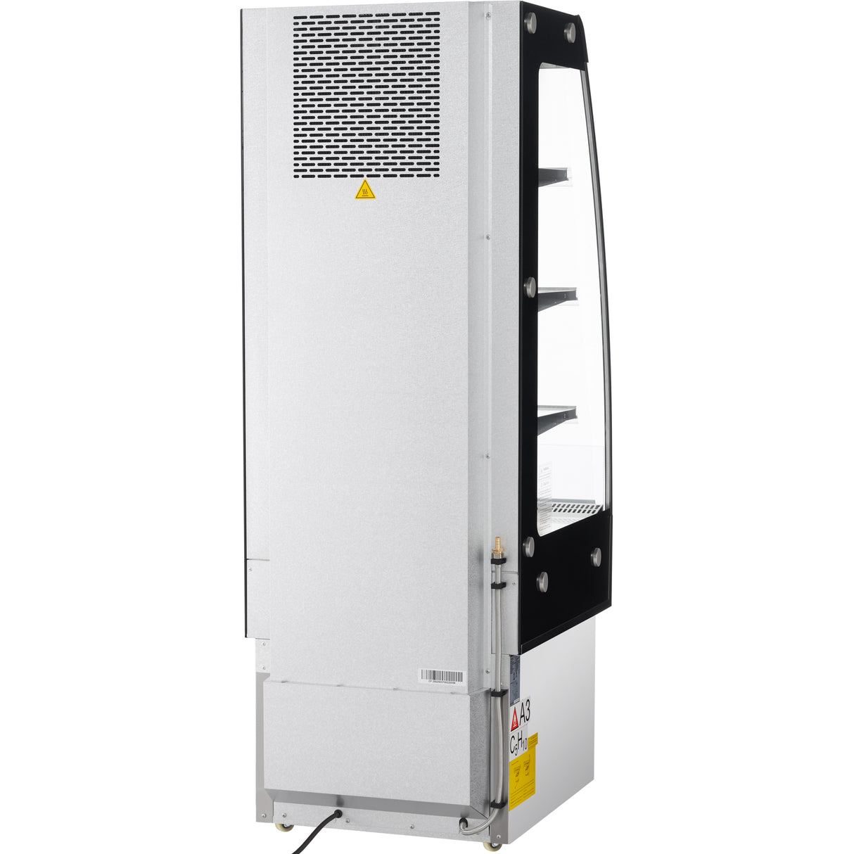 A commercial open air merchandiser is shown from the back and side angle. The stainless steel back features a vent, warning label, and power cord, while the side displays a glass front with interior shelves for showcasing food or drinks.